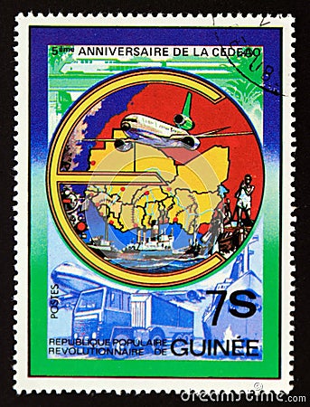 Postage stamp Guinea, 1982, map of the member countries Editorial Stock Photo