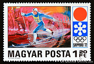 Postage stamp Hungary, 1971. Cross country skiing Editorial Stock Photo