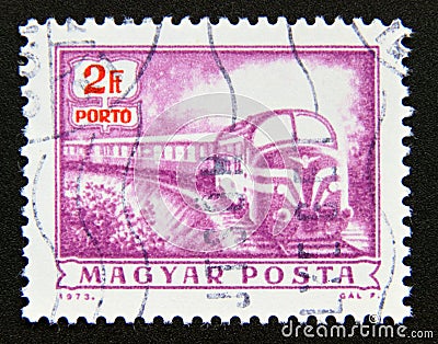 Postage stamp Hungary, Magyar 1973. Diesel mail train Editorial Stock Photo