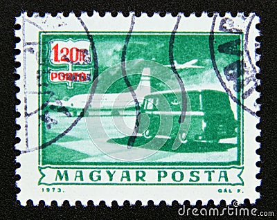 Postage stamp Hungary, Magyar 1973. Mail plane and truck Editorial Stock Photo