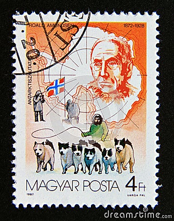 Postage stamp Hungary, Magyar, 1987. Roald Amundsen, Sled Dogs Canis lupus familiaris Editorial Stock Photo