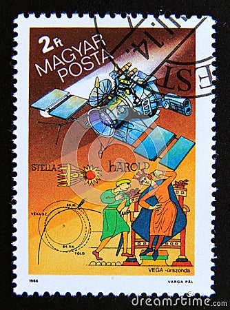 Postage stamp Hungary, Magyar, 1986. USSR Vega and Bayeaux tapestry detail Editorial Stock Photo