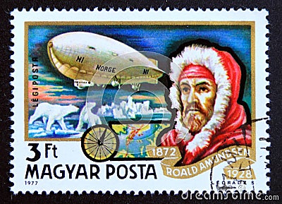 Postage stamp Hungary, 1977. Roald Amundsen and airship N.1 Norge over North Pole. Editorial Stock Photo