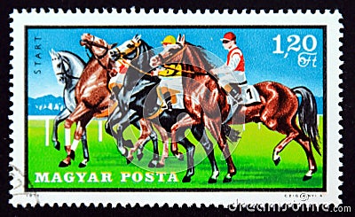 Postage stamp Hungary, 1971. Start Horserace Editorial Stock Photo