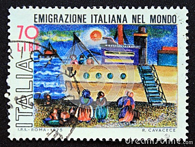 Postage stamp Italy, 1975, Italian emigration Editorial Stock Photo