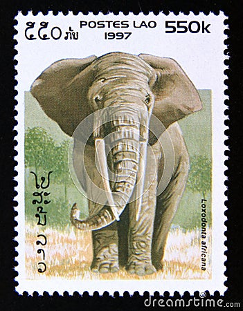 Postage stamp Laos, 1997. African Elephant Loxodonta africana Editorial Stock Photo