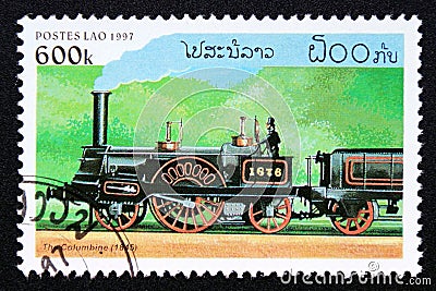 Postage stamp Laos 1997. The Columbine 1845 steam locomotive Editorial Stock Photo