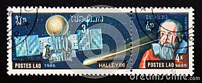 Postage stamp Laos, 1986. Halley`s Comet Editorial Stock Photo