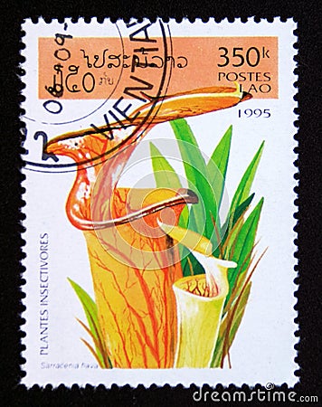 Postage stamp Laos, 1995. Sarracenia flava insect eating plant flower Editorial Stock Photo