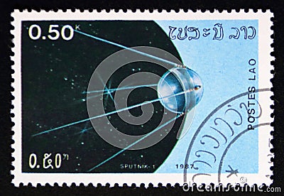 Postage stamp Laos, 1987, Satellite Sputnik 1 Editorial Stock Photo