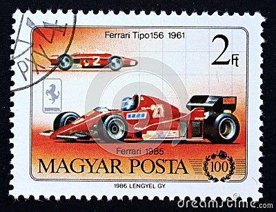 Postage stamp Magyar, Hungary, 1986, Ferrari Tipo 156 and Ferrari 1985 Editorial Stock Photo