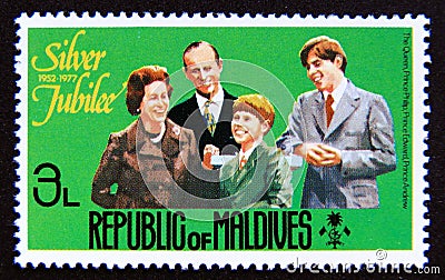 Postage stamp Maldives, 1977. Queen, Prince Philip, Princes Edward and Andrew Editorial Stock Photo