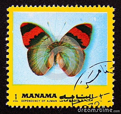 Postage stamp Manama, 1972. Gold Banded Forester Euphaedra neophron butterfly Editorial Stock Photo