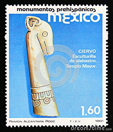 Postage stamp Mexico, 1981. Deer head sculpture Editorial Stock Photo