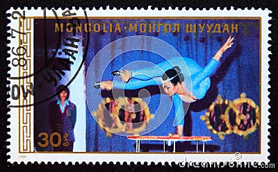 Postage stamp Mongolia 1986, Female Circus Acrobat Editorial Stock Photo