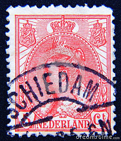 Postage stamp Netherlands, 1899, Dutch Queen Wilhelmina Editorial Stock Photo