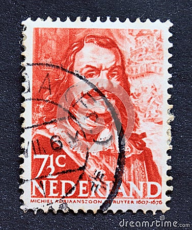 Post stamp printed in Netherlands shows Michiel de Ruyter Editorial Stock Photo