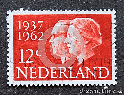 Post stamp printed in Netherlands with queen Juliana and prince Bernhard Editorial Stock Photo