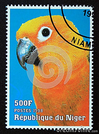 Postage stamp Niger, 1998. Parrot exotic bird Editorial Stock Photo