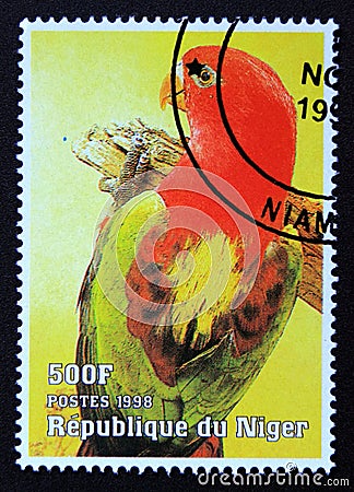 Postage stamp Niger, 1998. Parrot exotic bird Editorial Stock Photo