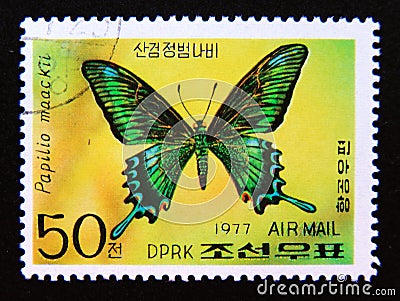Postage stamp North Korea, 1977. Alpine Black Swallowtail Papilio maackii butterfly Editorial Stock Photo