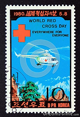 Postage stamp North Korea, 1980, Red Cross rescue helicopter Editorial Stock Photo