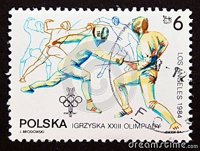 Postage stamp Poland 1984, Olympic Games Fencing contestants Editorial Stock Photo