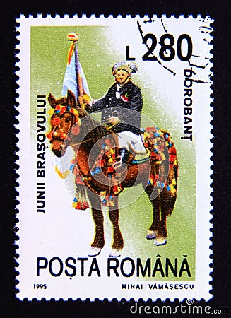 Postage stamp Romania, 1995. Dorobant horse rider Editorial Stock Photo