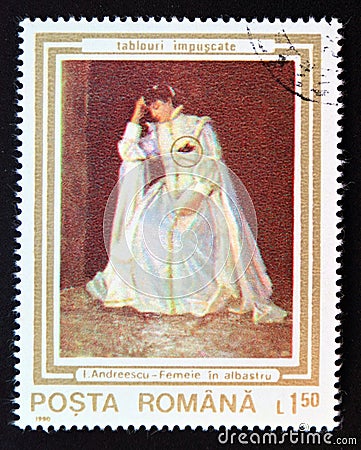 Postage stamp Romania 1990. Woman in Blue painting Editorial Stock Photo