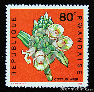 Postage stamp Rwanda, 1968. Costus afer flower plant Editorial Stock Photo
