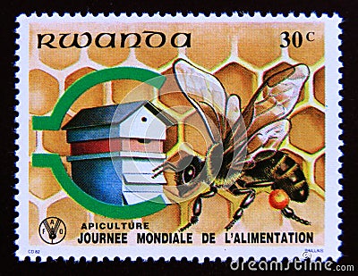 Postage stamp Rwanda, 1982. Honey Bee World Food Day Editorial Stock Photo