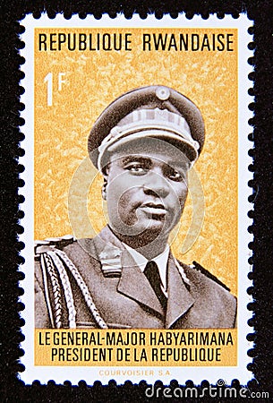 Postage stamp Rwanda, 1974. President JuvÃ©nal Habyarimana Editorial Stock Photo