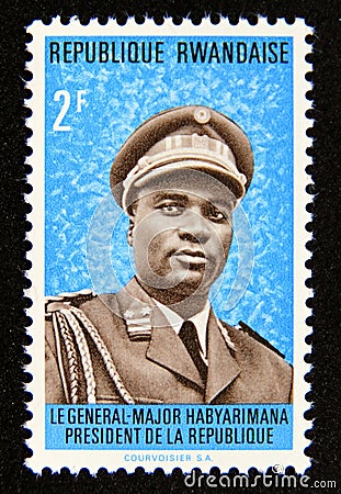 Postage stamp Rwanda, 1974. President JuvÃ©nal Habyarimana Editorial Stock Photo