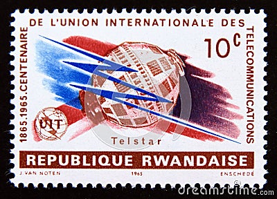 Postage stamp Rwanda, 1965. Telstar Satellite Editorial Stock Photo