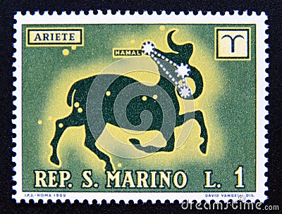 Postage stamp San Marino, 1970. Aries The Ram Constellation Editorial Stock Photo