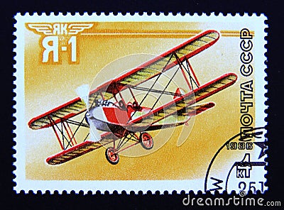 Postage stamp Soviet union, CCCP 1986. Aircraft Ya-1 1927 airplane Editorial Stock Photo
