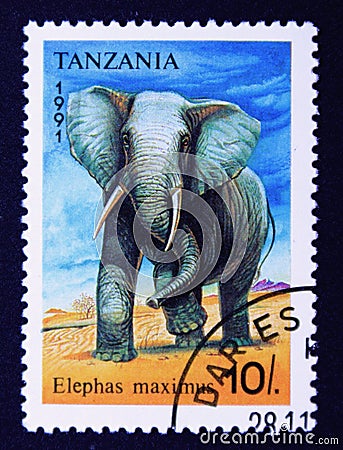 Postage stamp Tanzania, 1991, African Elephant, Loxodonta africana Editorial Stock Photo