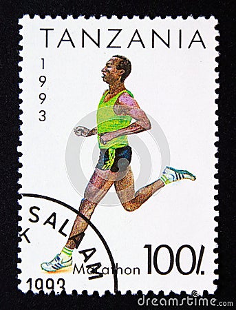 Postage stamp Tanzania 1993, Marathon runner sport contestant Editorial Stock Photo