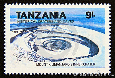 Postage stamp Tanzania, 1991. Mount Kilimanjaro inner crater landscape Editorial Stock Photo