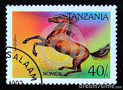 Postage stamp Tanzania, 1993. Nonius Equus ferus caballus horse Editorial Stock Photo