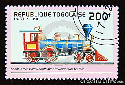 Postage stamp Togo 1996. Norris type, England 1866 steam locomotive Editorial Stock Photo