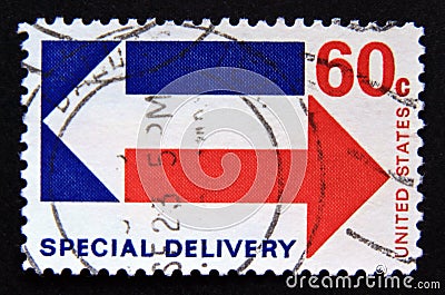 Postage stamp United States of America, USA 1971. Special Delivery Arrows Editorial Stock Photo