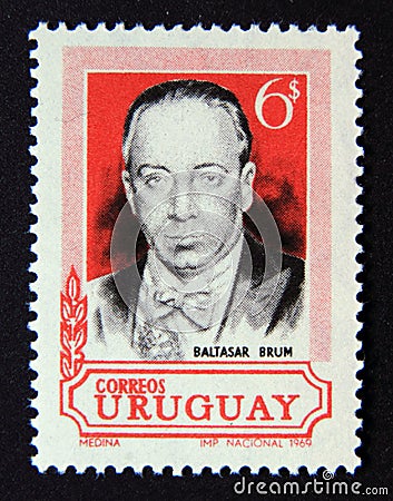 Postage stamp Uruguays, 1969. Baltasar Brum portrait Editorial Stock Photo