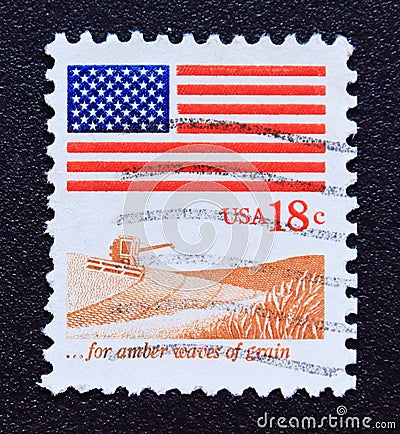 Post stamp printed in USA, 1981, Flag over amber waves grain Editorial Stock Photo