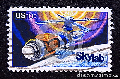 Post stamp printed in USA with skylab in space 1974 Editorial Stock Photo