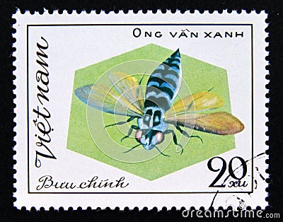 Postage stamp Vietnam, 1982. Ong Van Xanh Thyreus decorus Carpenter Bee insect Editorial Stock Photo