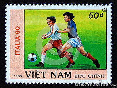 Postage stamp Vietnam, 1989. 1990 World Cup Soccer Championships, Italy Editorial Stock Photo