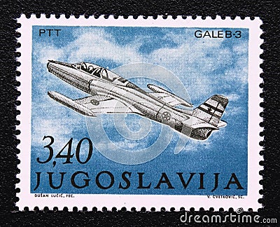 Post stamp Yugoslavia 1978, Educational jet SOKO Galeb-3 Editorial Stock Photo