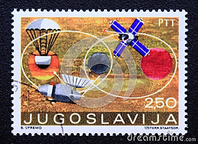 Post stamp printed in Yugoslavia Space Exploration, 1971 Editorial Stock Photo