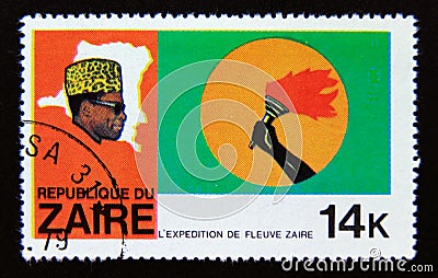 Postage stamp Zaire, 1979. Hand with torch Editorial Stock Photo